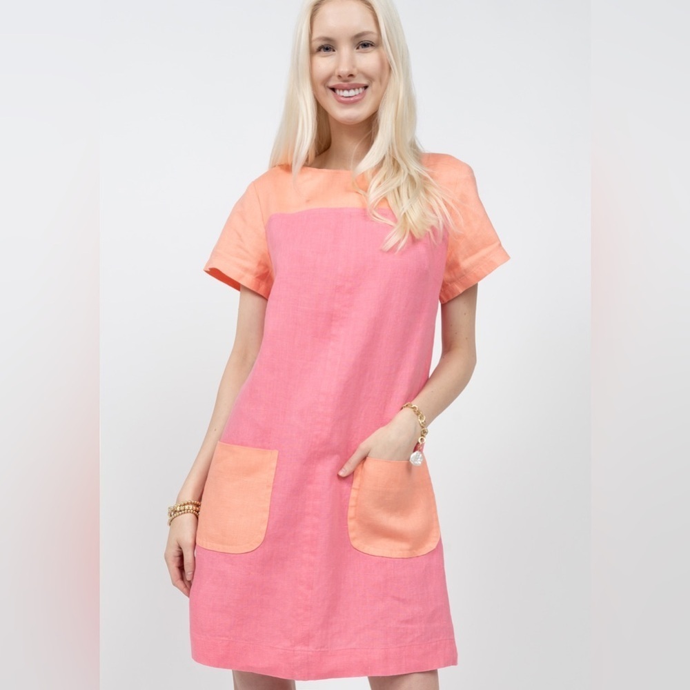 Uncle Frank Women L 100% Linen Dress Pockets Peach Pink Shifty Patchwork Block